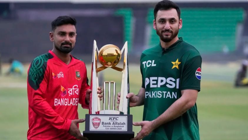 pakvsban Bangladesh captain Litton Das and Pakistan captain Salman Ali Agha pose with the trophy